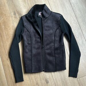 Say what? Y2K ribbed knit and suede full zip sweater M